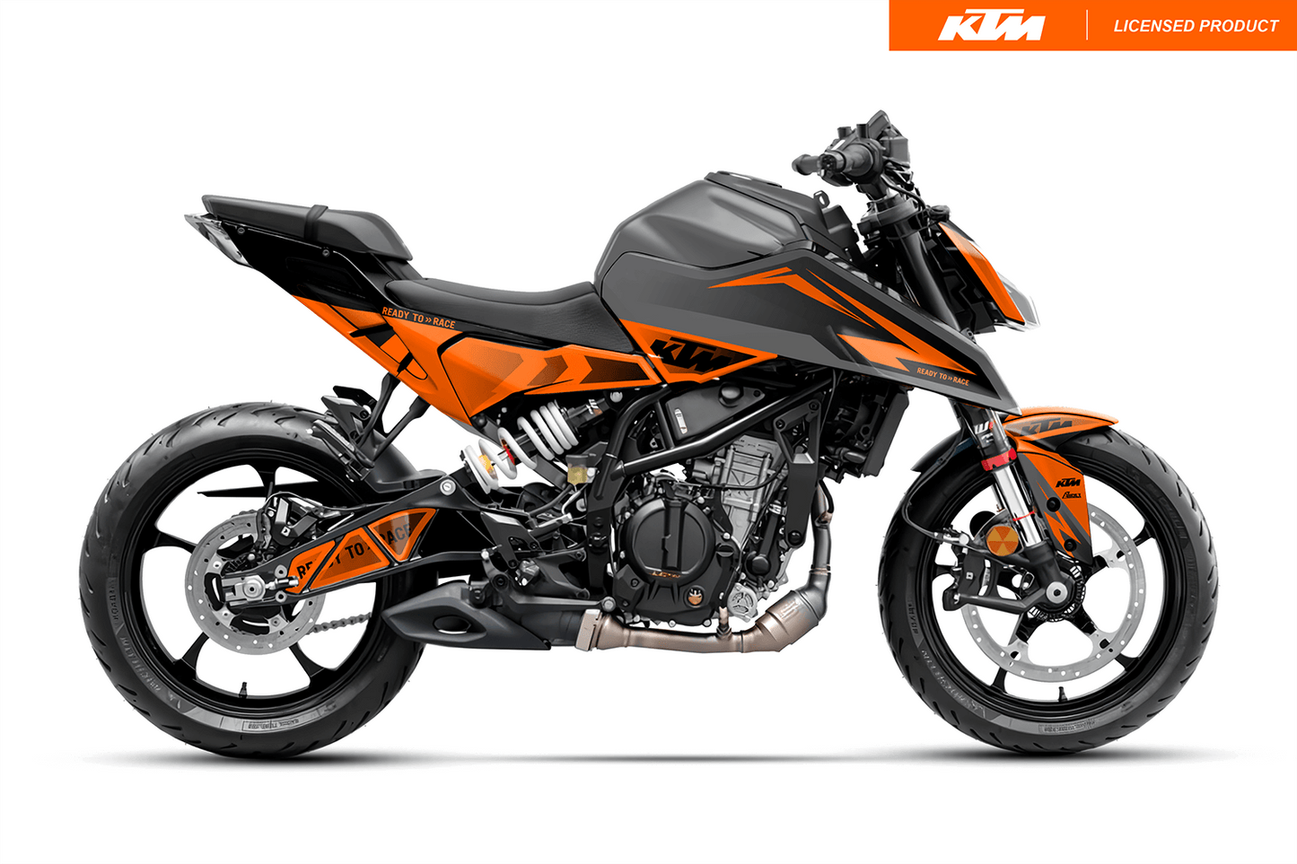 Arider Dekor passend für KTM Duke 125 – Base Edition, grau-orange Grafik auf kompletter Seitenansicht der Maschine.