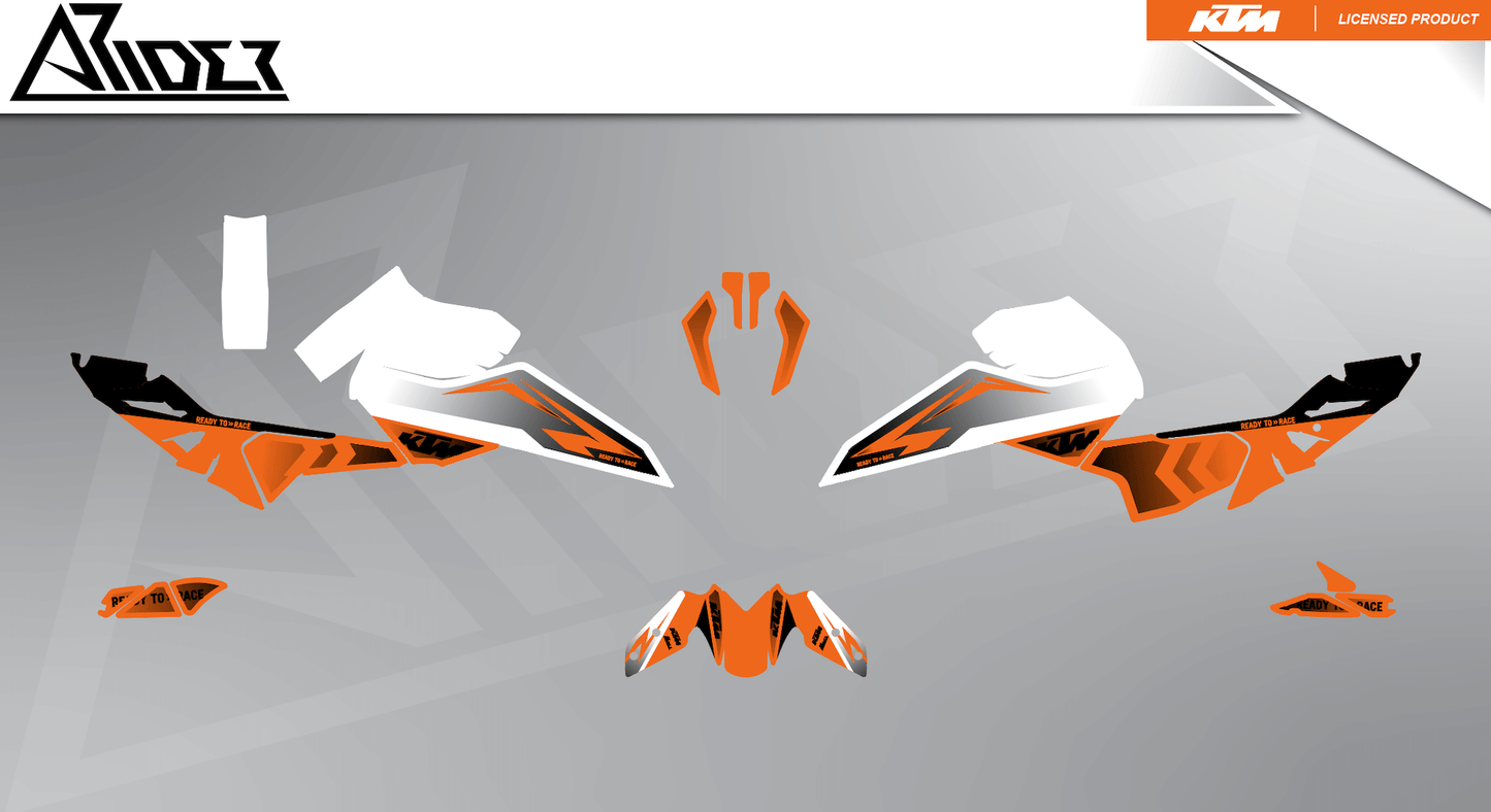 Arider Dekor passend für KTM Duke 125 – Base Edition, weiß-orange Grafikteile in flacher Einzelteilansicht.