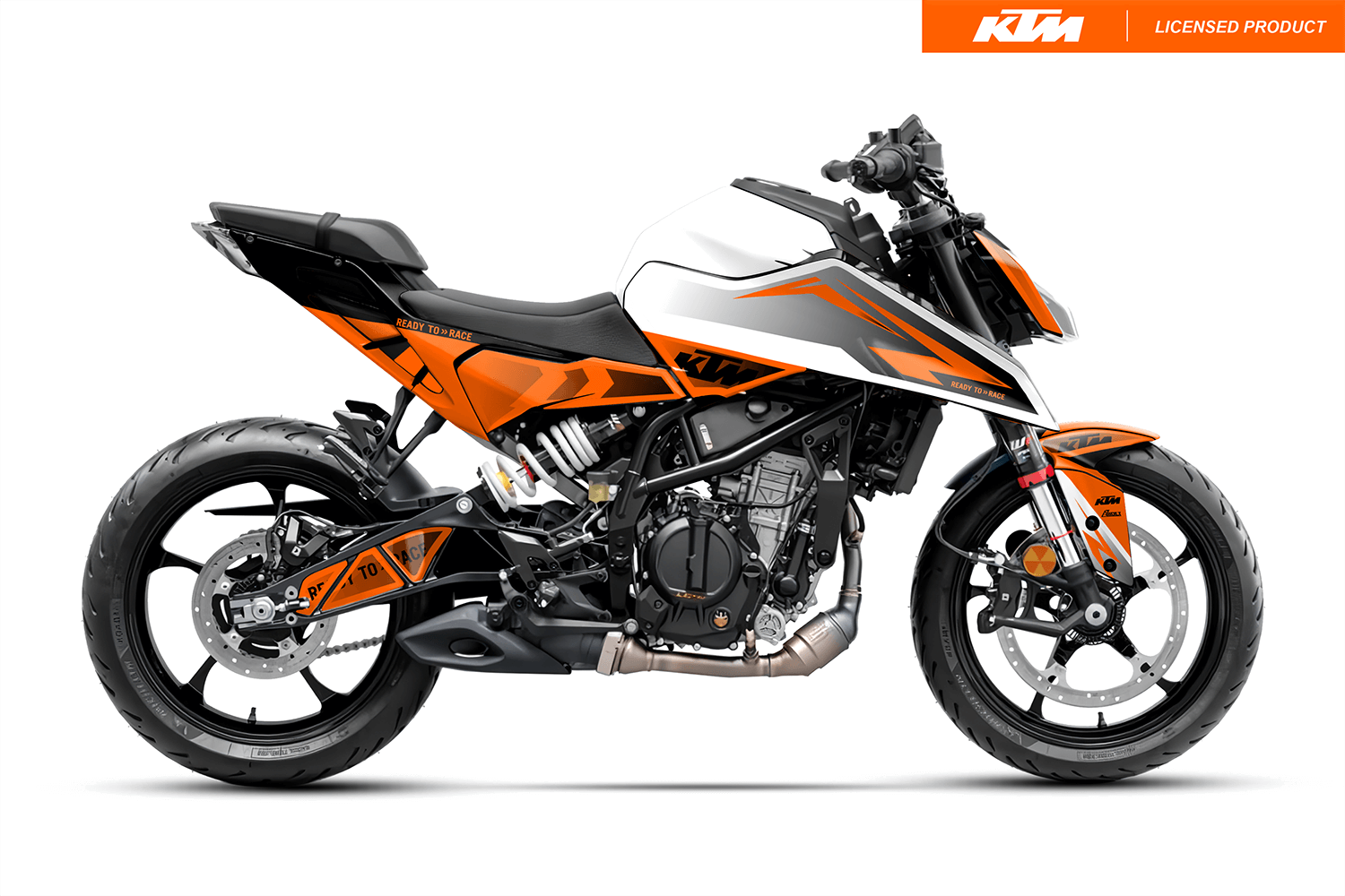 Arider Dekor passend für KTM Duke 125 – Base Edition, weiß-orange Grafik auf kompletter Seitenansicht der Maschine.