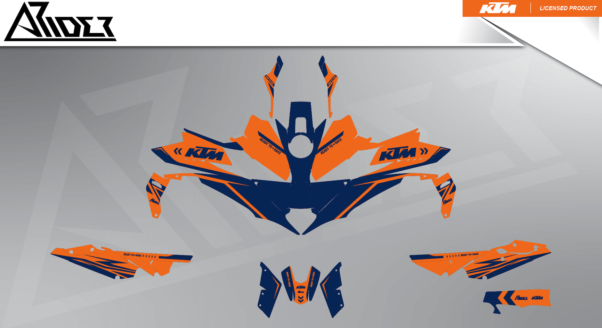 Arider Dekor passend für KTM Super Duke 1390 – Alpha Edition, blau-orange Grafikteile in flacher Einzelteilansicht.