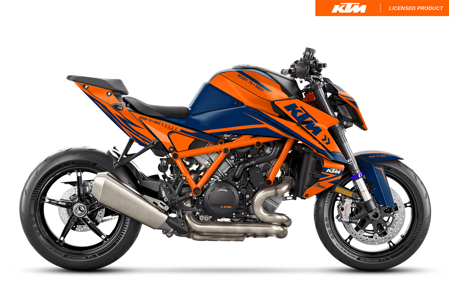 Arider Dekor passend für KTM Super Duke 1390 – Alpha Edition, blau-orange Grafik auf kompletter Seitenansicht der Maschine.