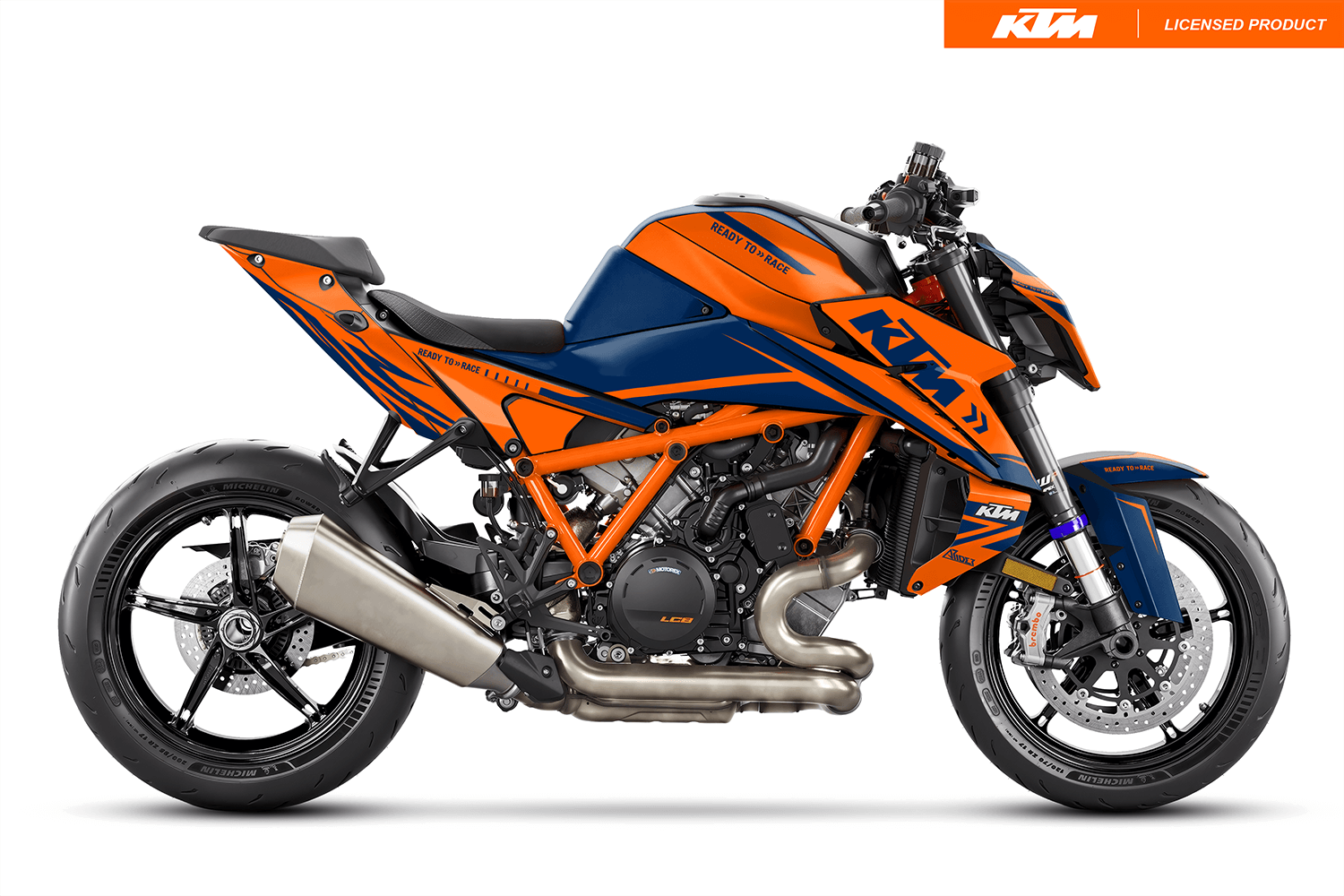 Arider Dekor passend für KTM Super Duke 1390 – Alpha Edition, blau-orange Grafik auf kompletter Seitenansicht der Maschine.