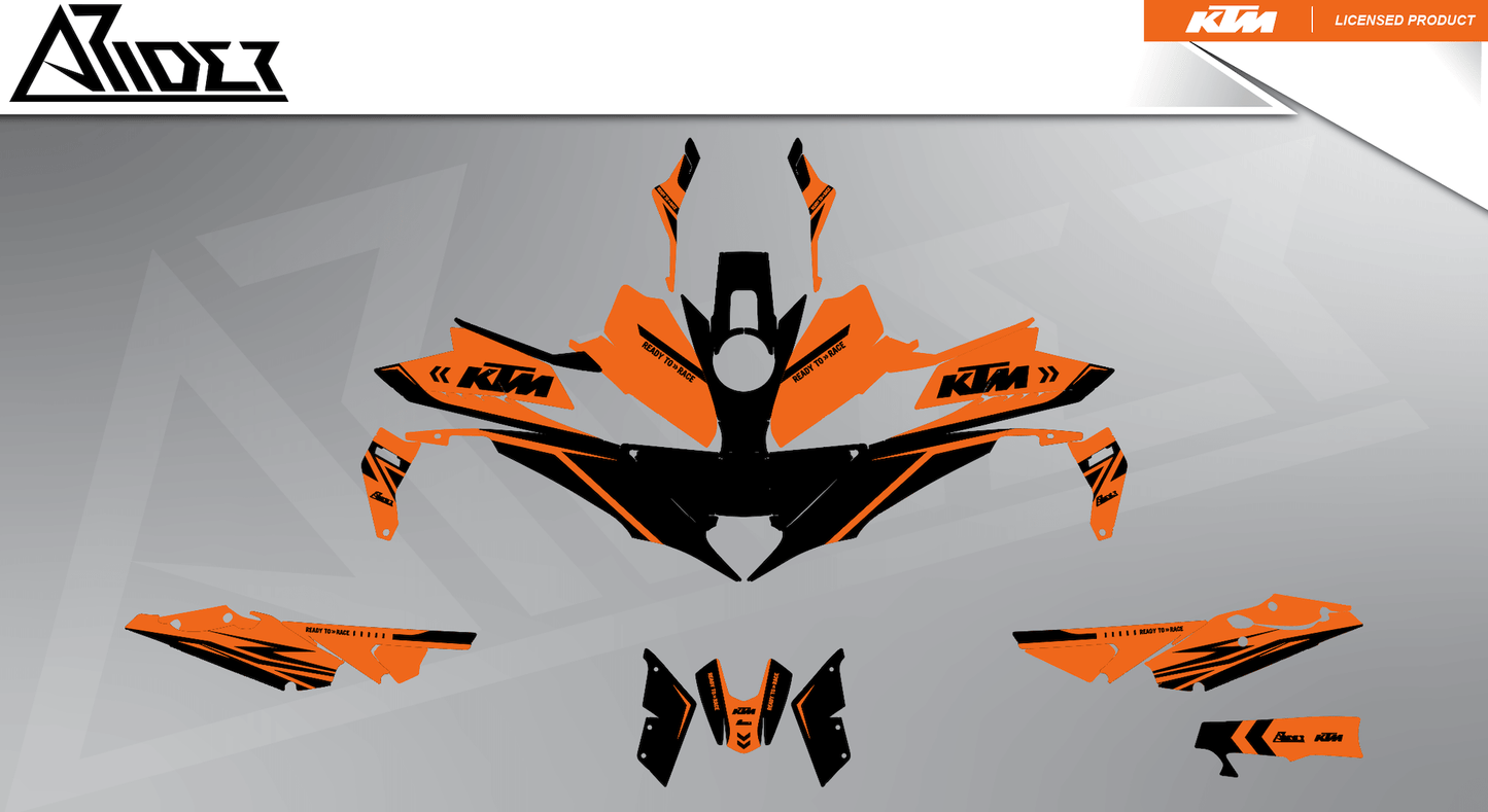 Arider Dekor passend für KTM Super Duke 1390 – Alpha Edition, orange-schwarze Grafikteile in flacher Einzelteilansicht.