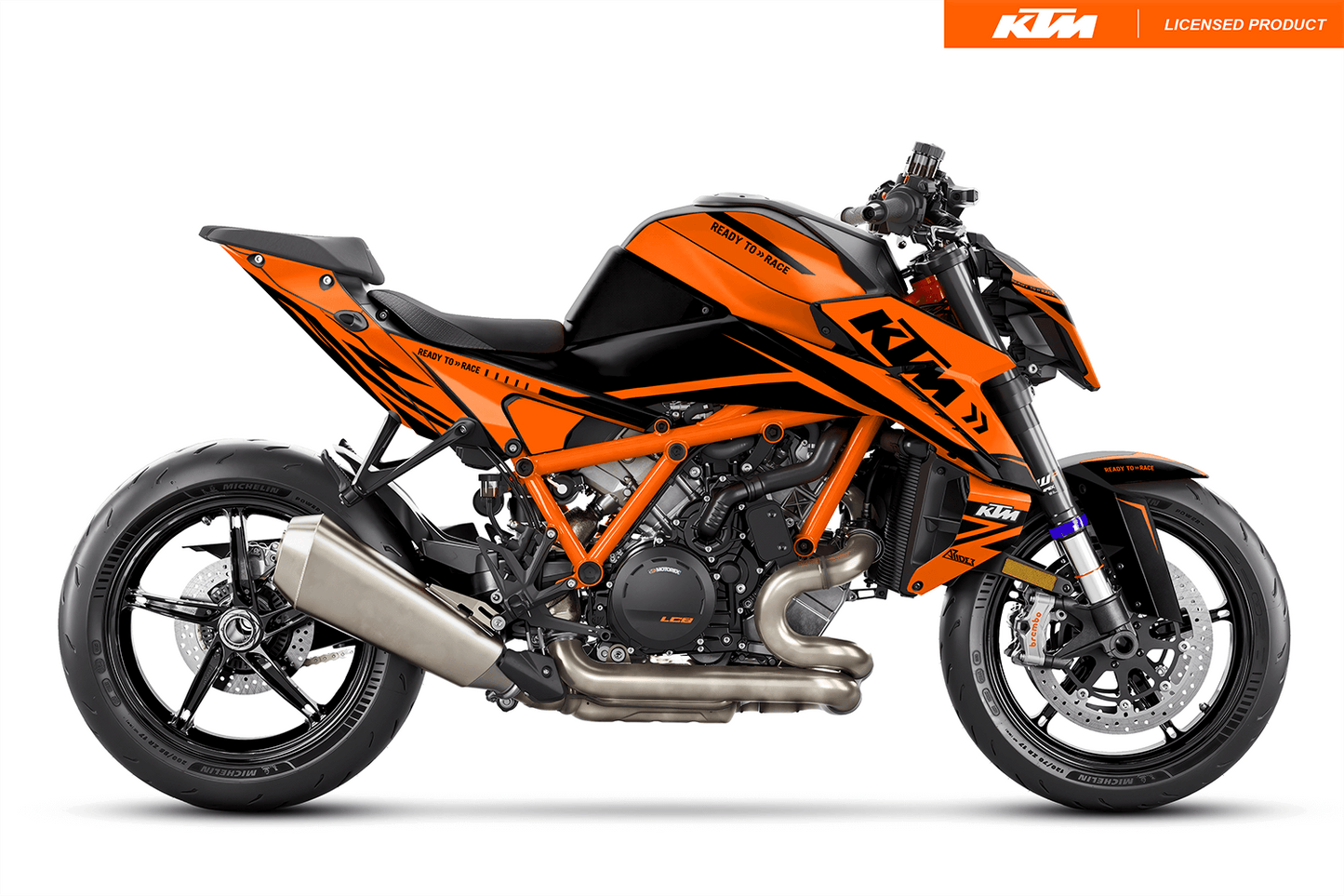 Arider Dekor passend für KTM Super Duke 1390 – Alpha Edition, orange-schwarze Grafik auf kompletter Seitenansicht der Maschine.