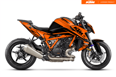 Arider Dekor passend für KTM Super Duke 1390 – Alpha Edition, orange-schwarze Grafik auf kompletter Seitenansicht der Maschine.