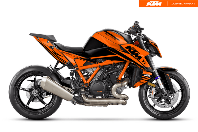 Arider Dekor passend für KTM Super Duke 1390 – Alpha Edition, orange-schwarze Grafik auf kompletter Seitenansicht der Maschine.