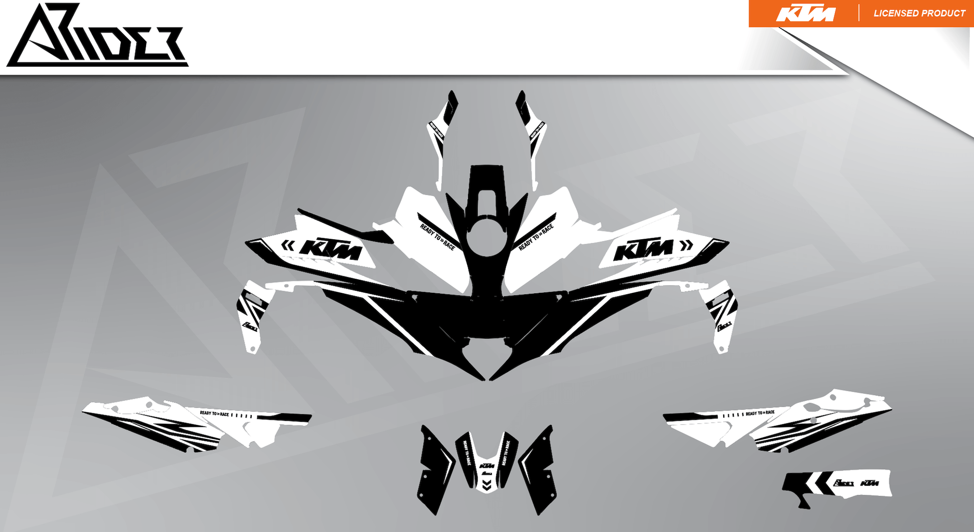Arider Dekor passend für KTM Super Duke 1390 – Alpha Edition, weiß-schwarze Grafikteile in flacher Einzelteilansicht.