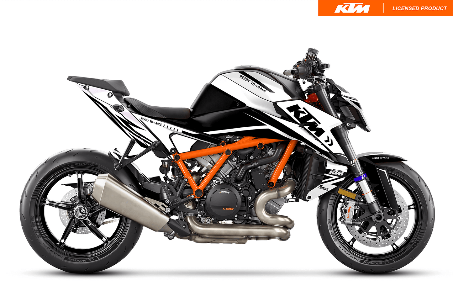 Arider Dekor passend für KTM Super Duke 1390 – Alpha Edition, weiß-schwarze Grafik auf kompletter Seitenansicht der Maschine.
