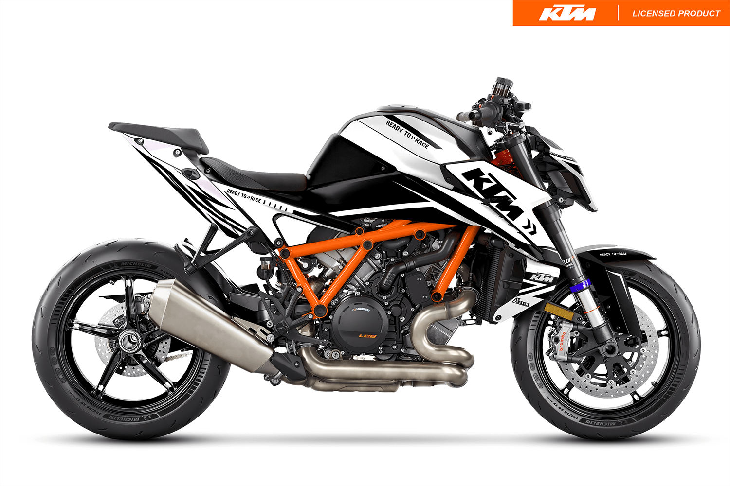 Arider Dekor passend für KTM Super Duke 1390 – Alpha Edition, weiß-schwarze Grafik auf kompletter Seitenansicht der Maschine.