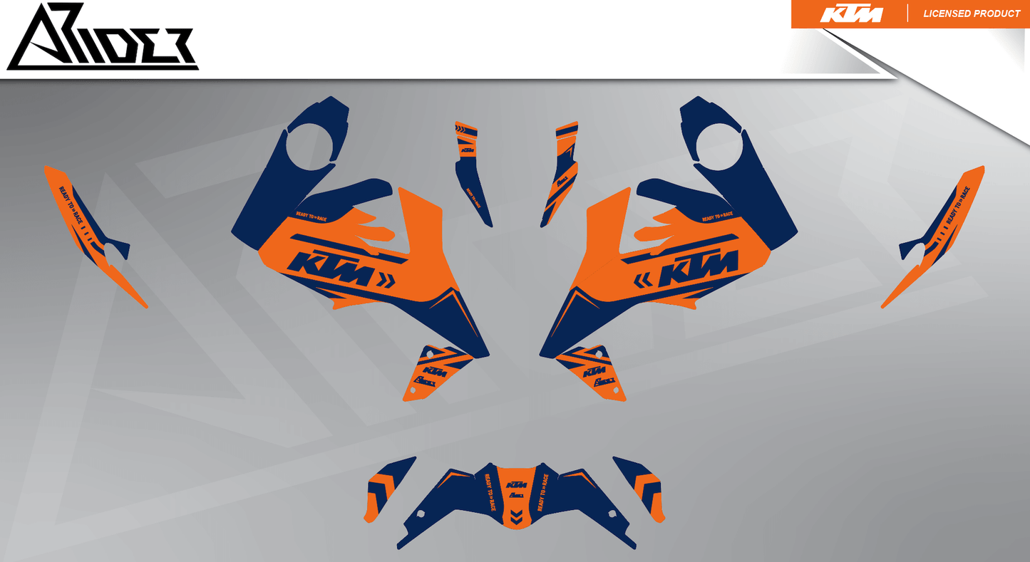 Arider Dekor passend für KTM Duke 390 – Alpha Edition, blau-orange Grafikteile in flacher Einzelteilansicht.