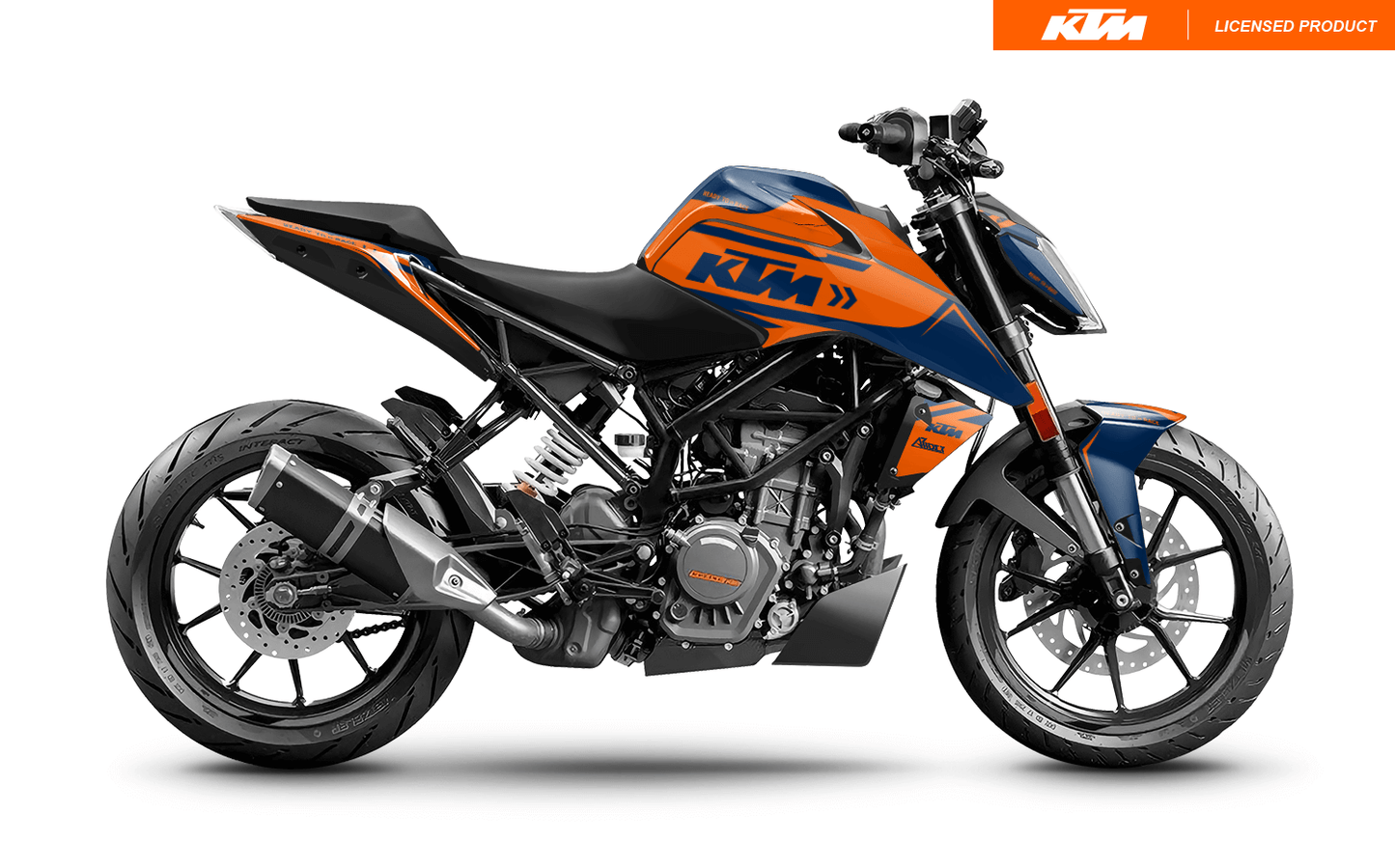 Arider Dekor passend für KTM Duke 390 – Alpha Edition, blau-orange Grafik auf kompletter Seitenansicht der Maschine.