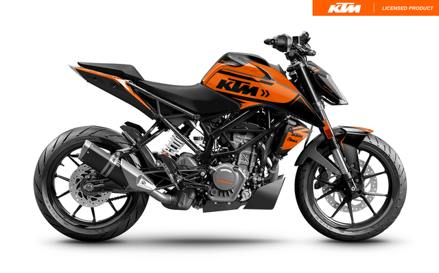 Arider Dekor passend für KTM Duke 390 – Alpha Edition, orange-schwarze Grafik auf kompletter Seitenansicht der Maschine.