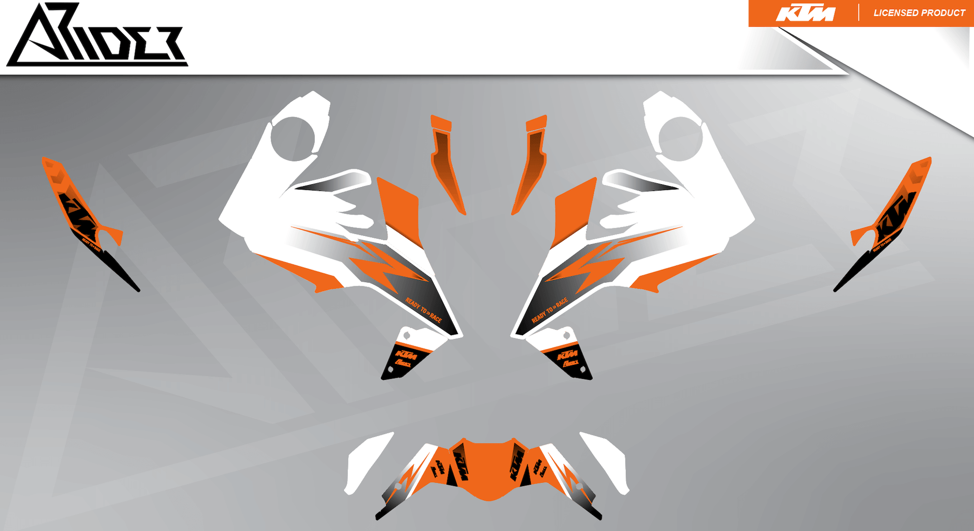 Arider Dekor passend für KTM Duke 390 – Base Edition, weiß-orange Grafikteile in flacher Einzelteilansicht.
