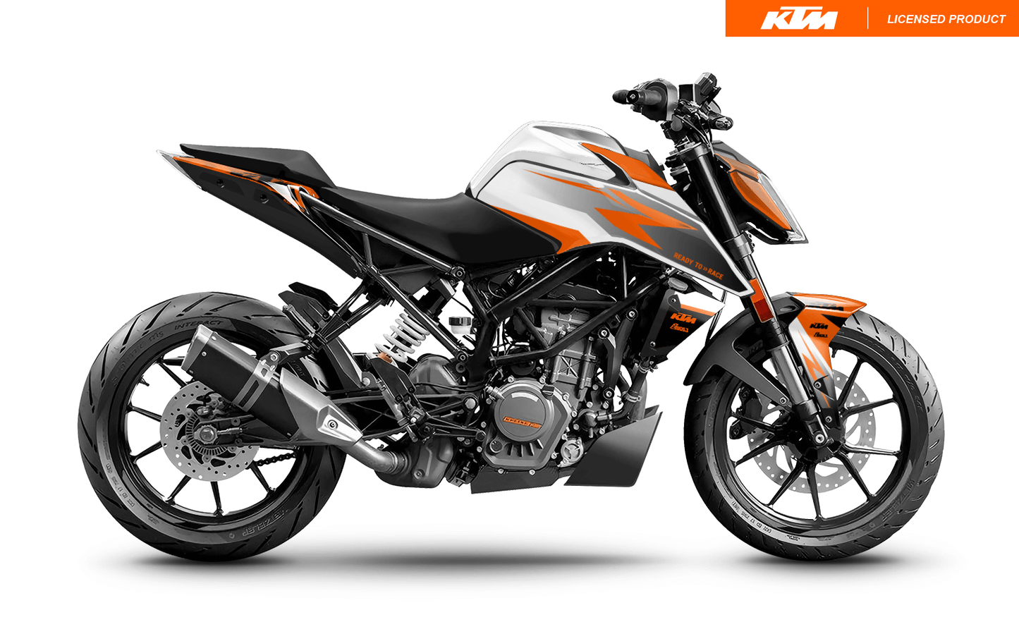 Arider Dekor passend für KTM Duke 390 – Base Edition, weiß-orange Grafik auf kompletter Seitenansicht der Maschine.