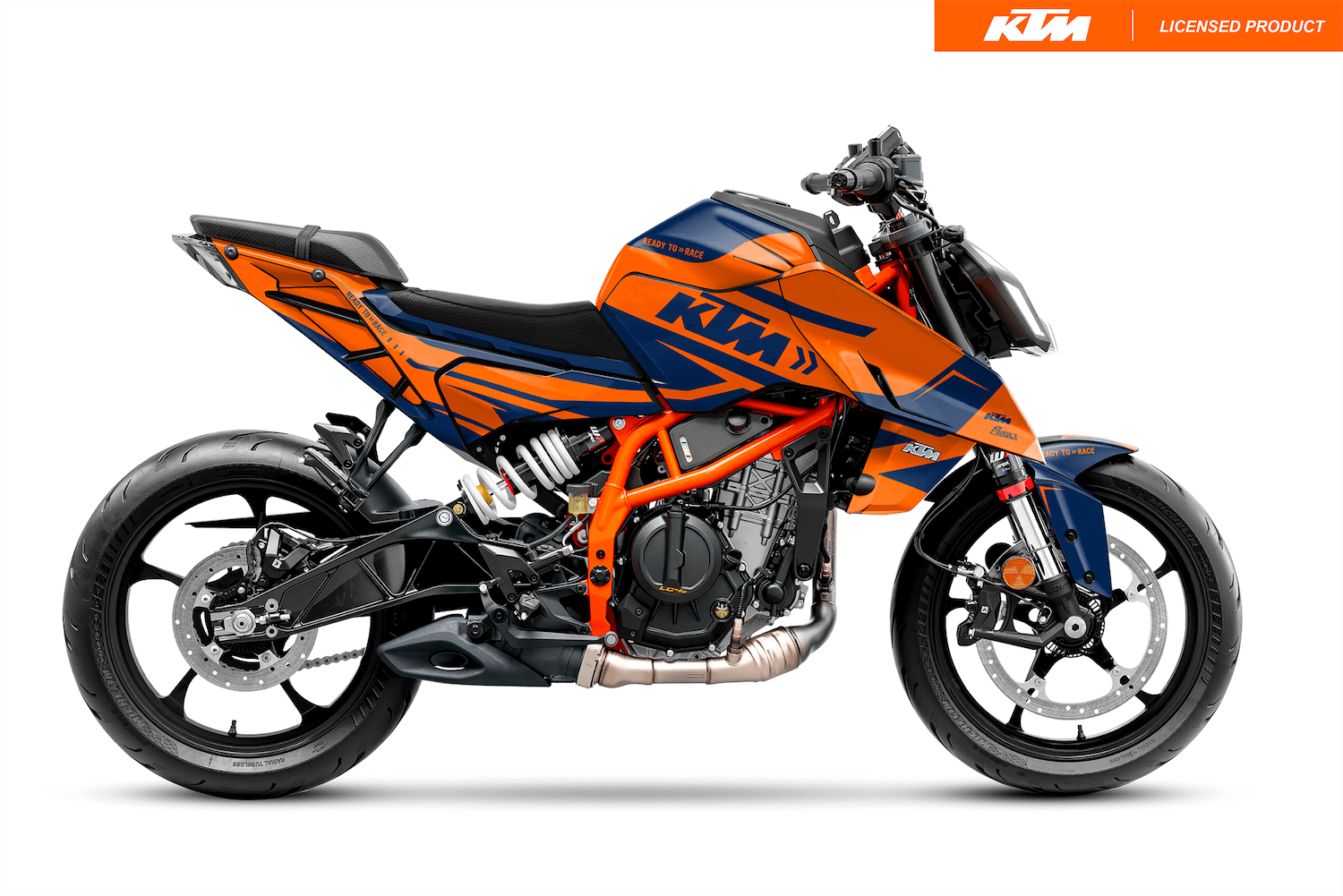Arider Dekor passend für KTM Duke 390 – Alpha Edition, blau-orange Grafik auf kompletter Seitenansicht der Maschine.