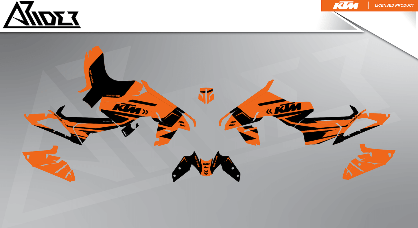 Arider Dekor passend für KTM Duke 390 – Alpha Edition, orange-schwarze Grafikteile in flacher Einzelteilansicht.