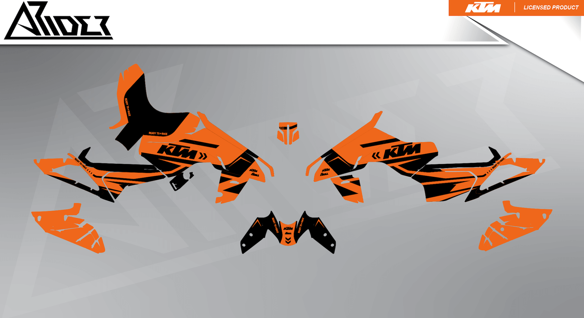 Arider Dekor passend für KTM Duke 390 – Alpha Edition, orange-schwarze Grafikteile in flacher Einzelteilansicht.