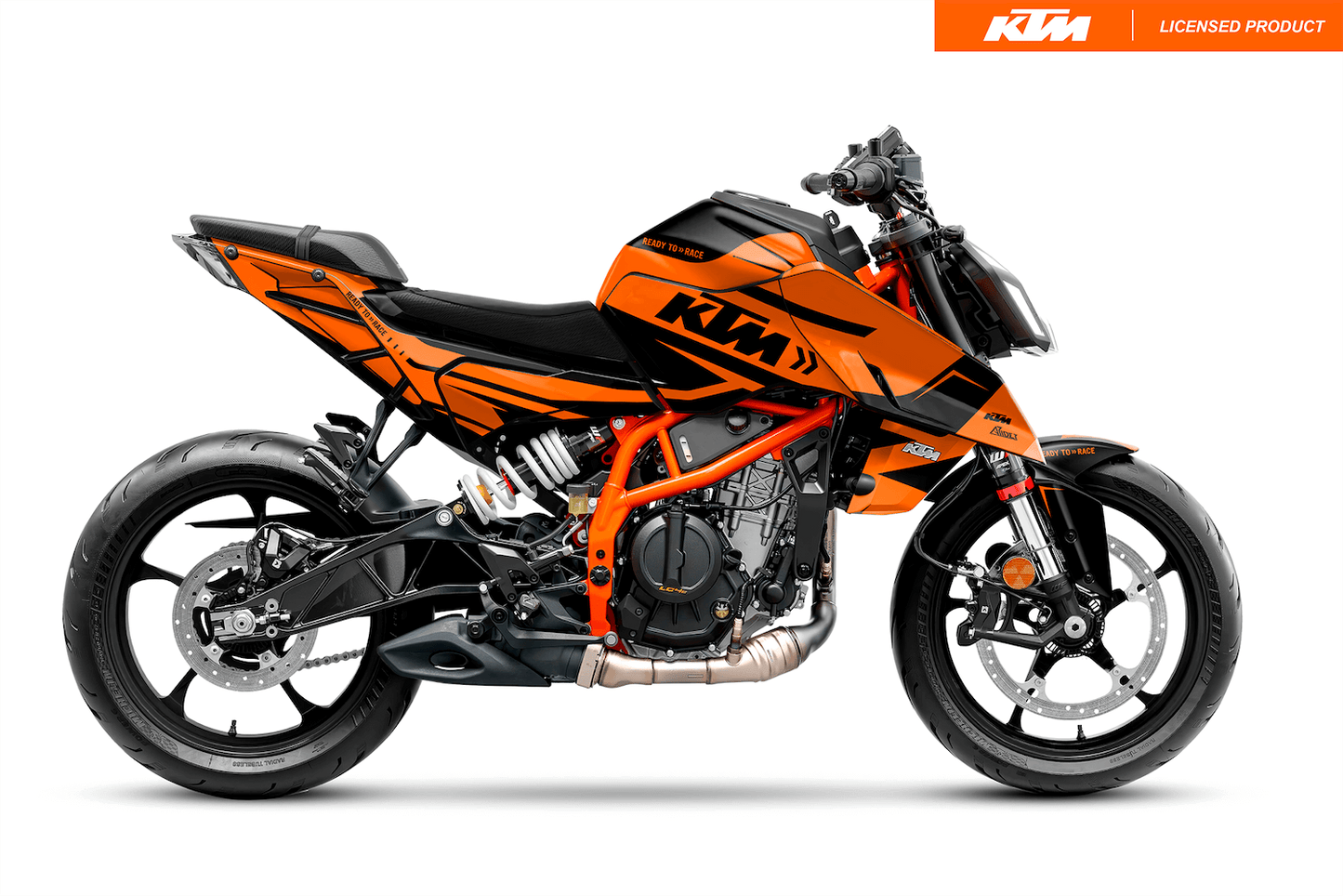 Arider Dekor passend für KTM Duke 390 – Alpha Edition, orange-schwarze Grafik auf kompletter Seitenansicht der Maschine.