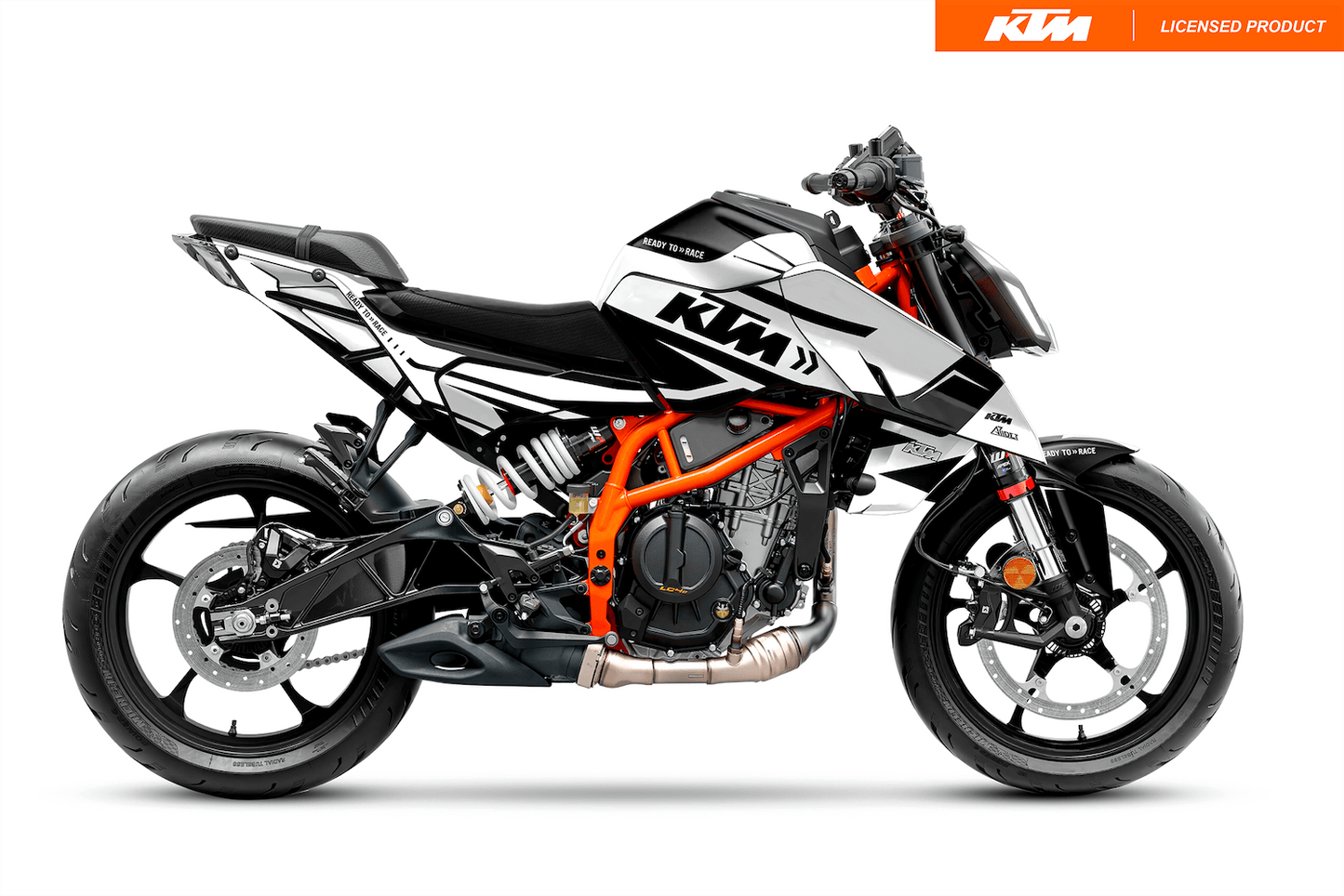 Arider Dekor passend für KTM Duke 390 – Alpha Edition, weiß-schwarze Grafik auf kompletter Seitenansicht der Maschine.