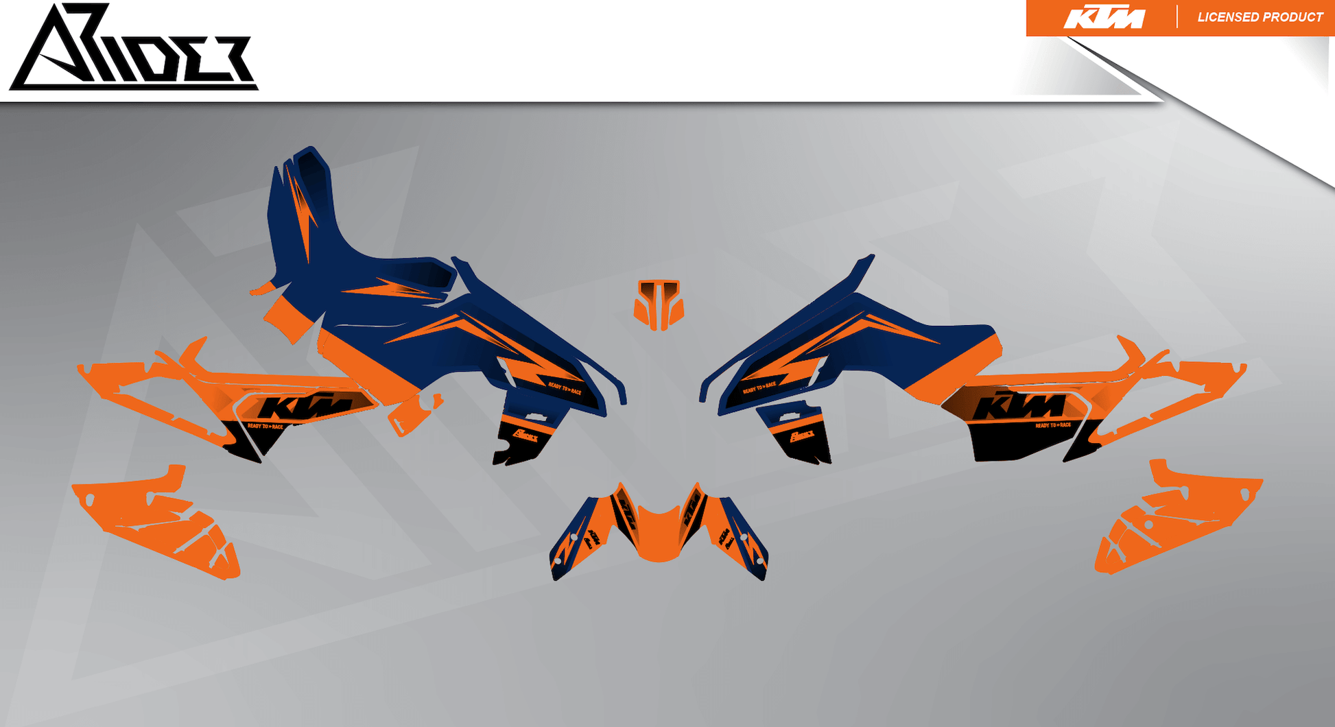 Arider Dekor passend für KTM Duke 390 – Base Edition, blau-orange Grafikteile in flacher Einzelteilansicht.