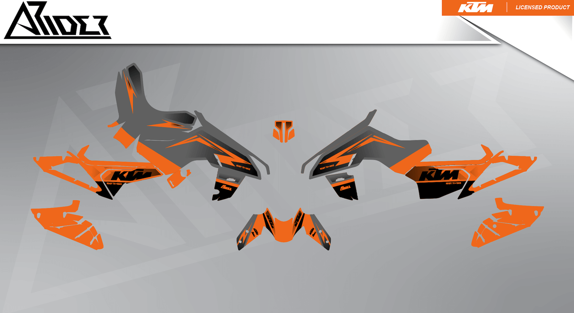 Arider Dekor passend für KTM Duke 390 – Base Edition, grau-orange Grafikteile in flacher Einzelteilansicht.