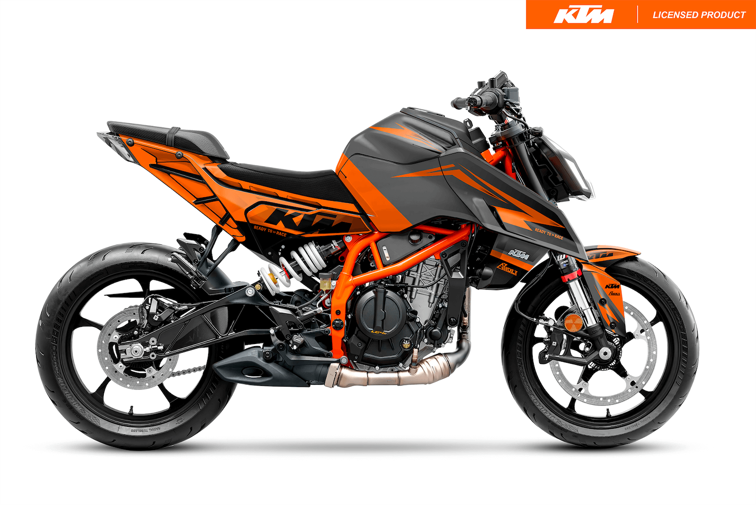 Arider Dekor passend für KTM Duke 390 – Base Edition, grau-orange Grafik auf kompletter Seitenansicht der Maschine.