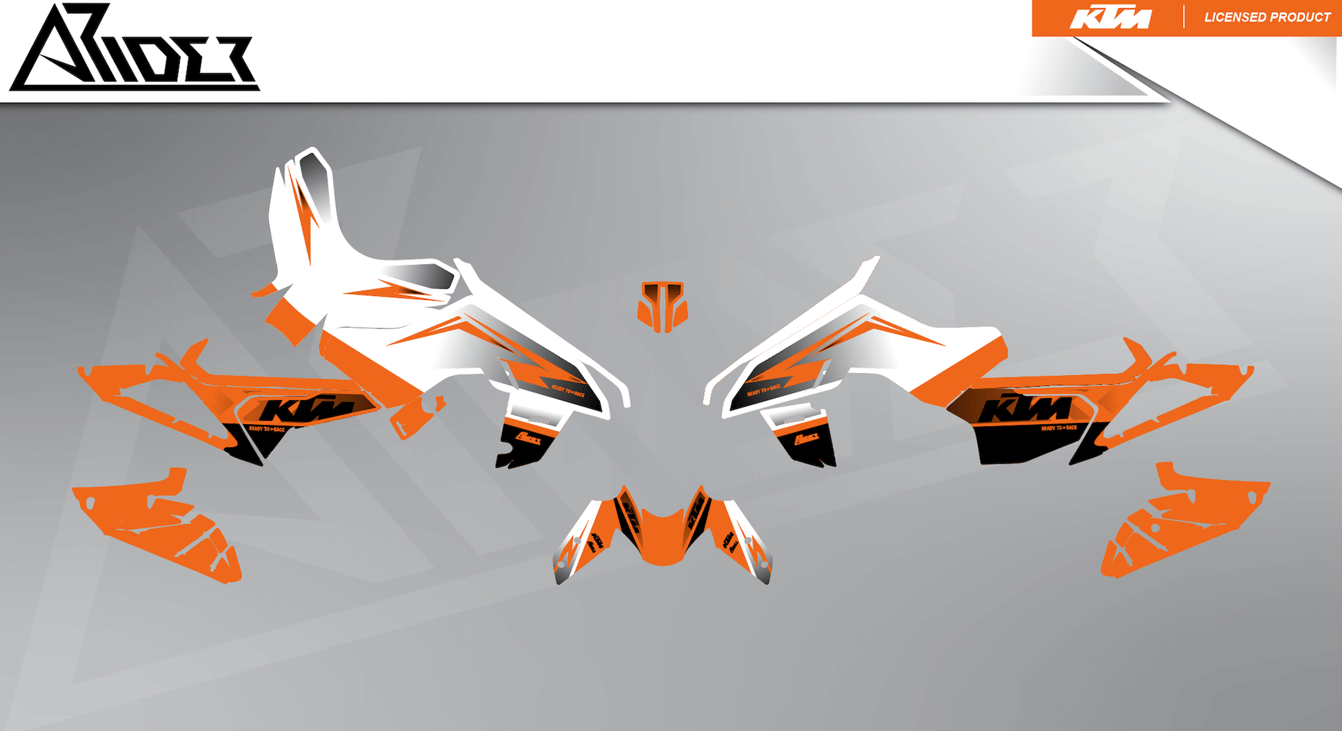 Arider Dekor passend für KTM Duke 390 – Base Edition, weiß-orange Grafikteile in flacher Einzelteilansicht.
