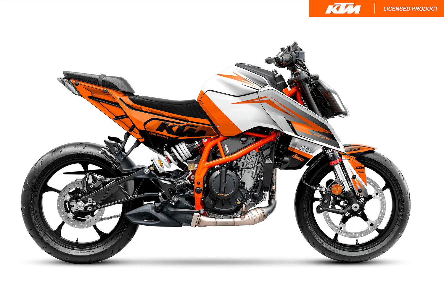 Arider Dekor passend für KTM Duke 390 – Base Edition, weiß-orange Grafik auf kompletter Seitenansicht der Maschine.