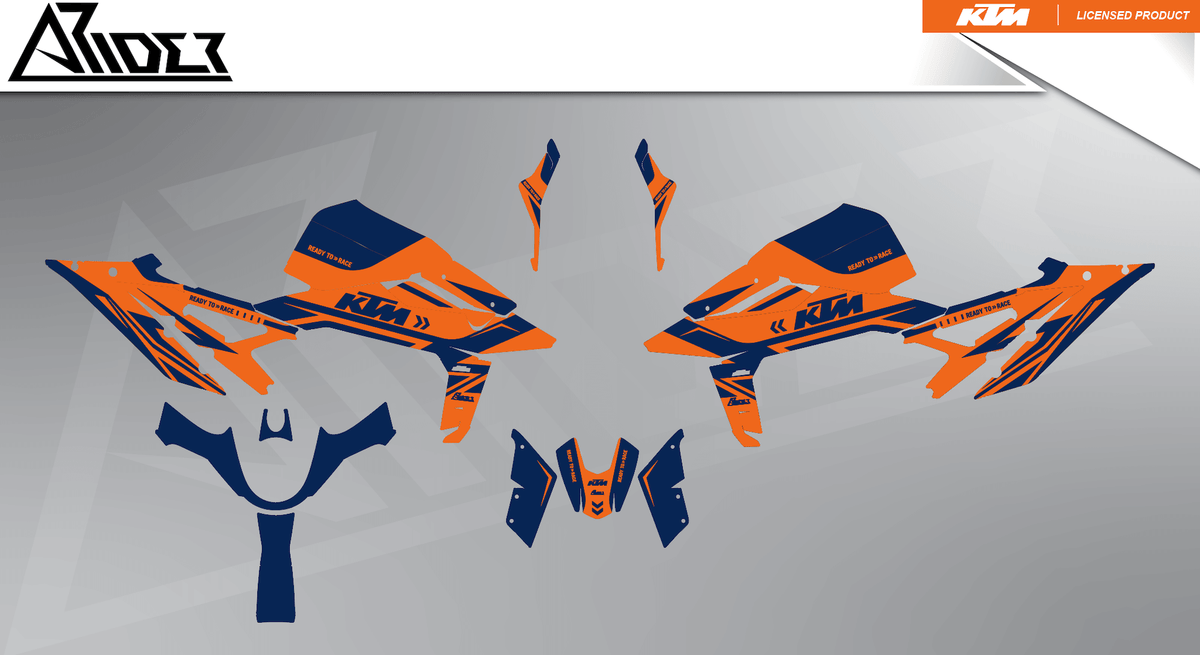 Arider Dekor passend für KTM Duke 990 – Alpha Edition, blau-orange Grafikteile in flacher Einzelteilansicht.