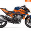 Arider Dekor passend für KTM Duke 990 – Alpha Edition, blau-orange Grafik auf kompletter Seitenansicht der Maschine.