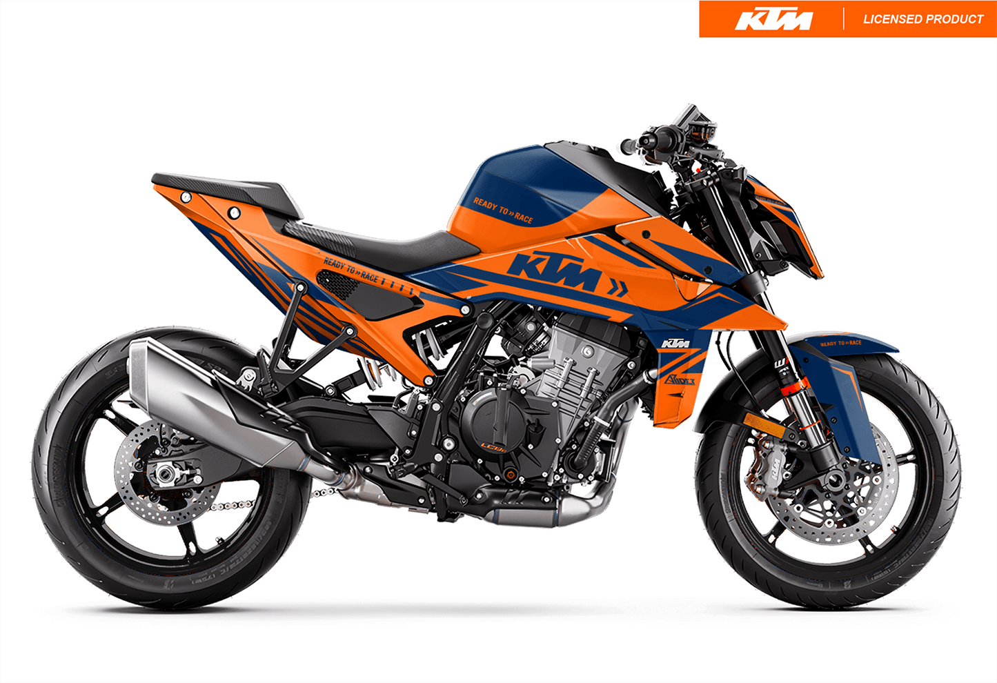 Arider Dekor passend für KTM Duke 990 – Alpha Edition, blau-orange Grafik auf kompletter Seitenansicht der Maschine.
