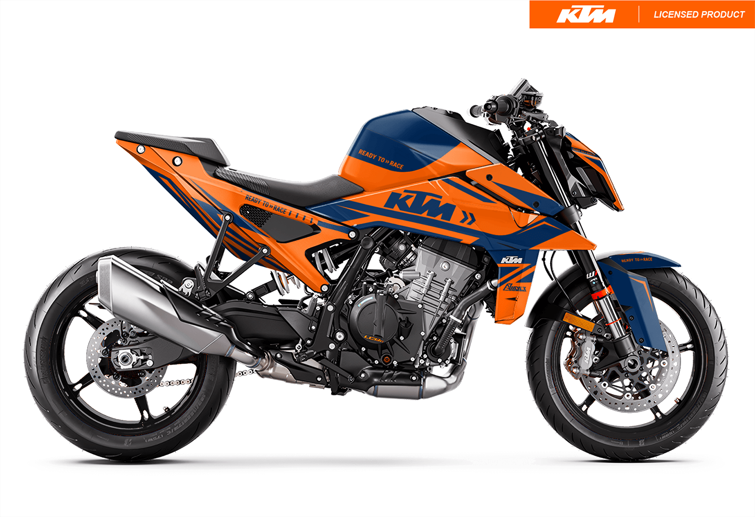 Arider Dekor passend für KTM Duke 990 – Alpha Edition, blau-orange Grafik auf kompletter Seitenansicht der Maschine.