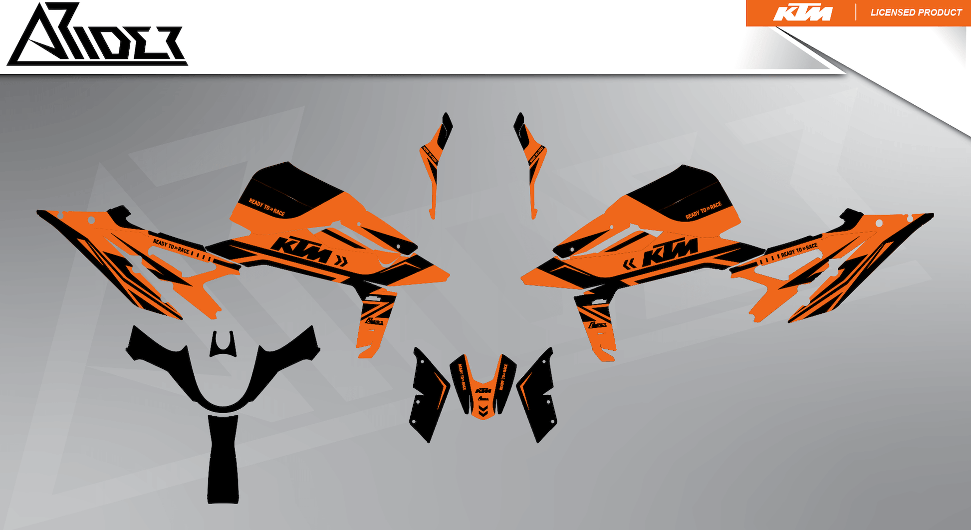 Arider Dekor passend für KTM Duke 990 – Alpha Edition, orange-schwarze Grafikteile in flacher Einzelteilansicht.