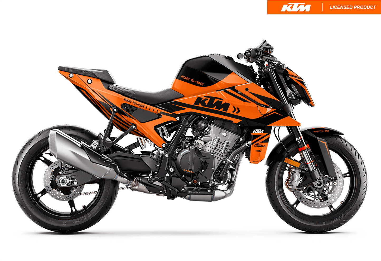 Arider Dekor passend für KTM Duke 990 – Alpha Edition, orange-schwarze Grafik auf kompletter Seitenansicht der Maschine.