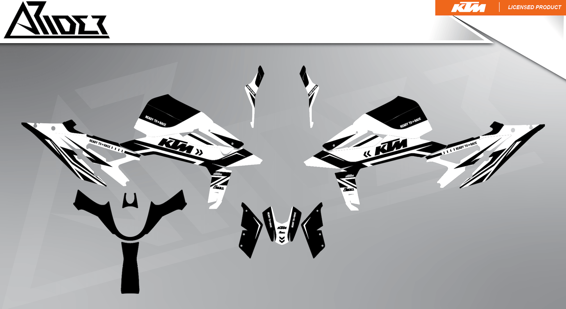 Arider Dekor passend für KTM Duke 990 – Alpha Edition, weiß-schwarze Grafikteile in flacher Einzelteilansicht.