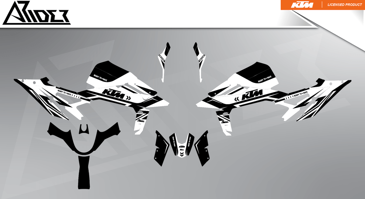 Arider Dekor passend für KTM Duke 990 – Alpha Edition, weiß-schwarze Grafikteile in flacher Einzelteilansicht.