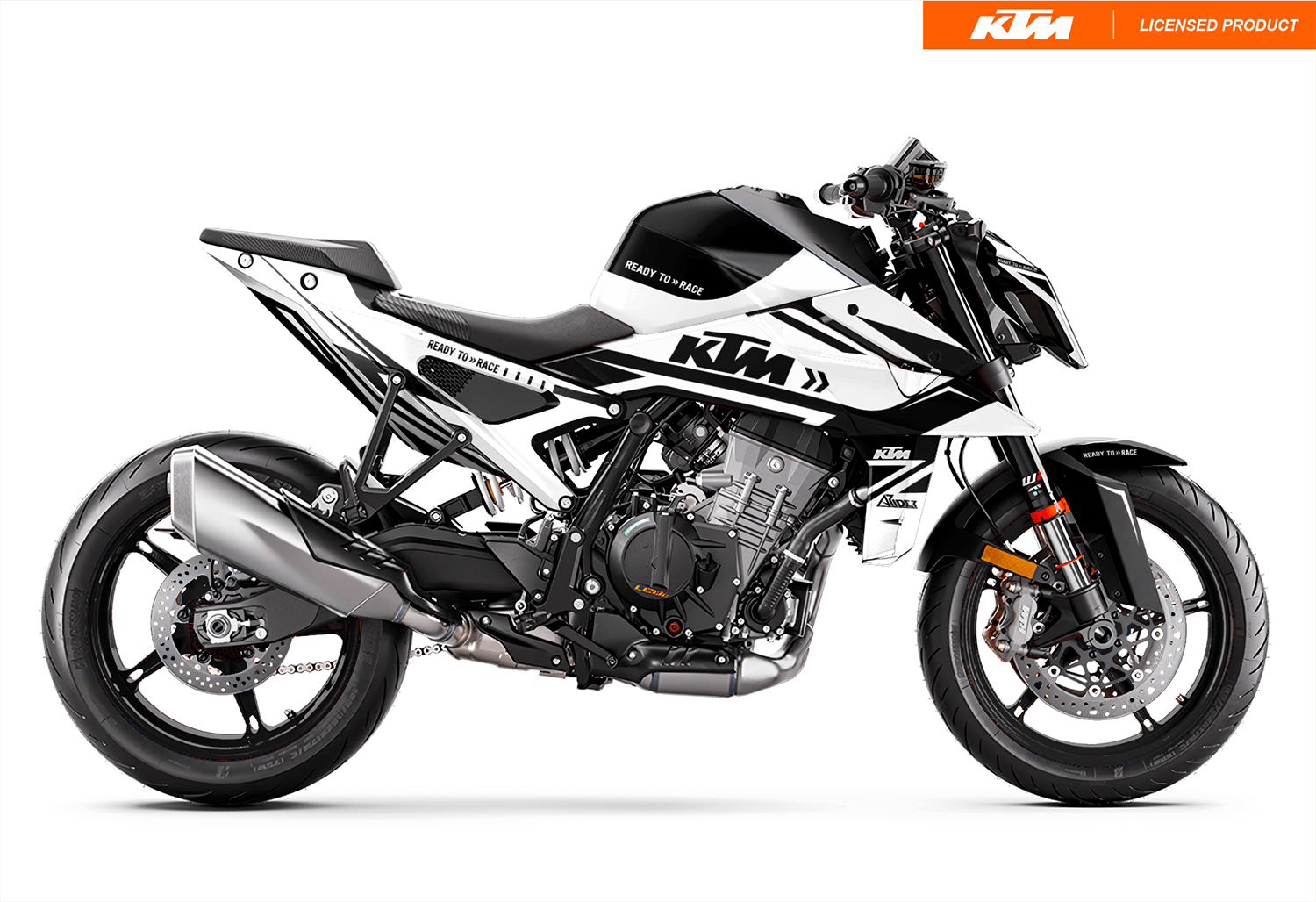 Arider Dekor passend für KTM Duke 990 – Alpha Edition, weiß-schwarze Grafik auf kompletter Seitenansicht der Maschine.