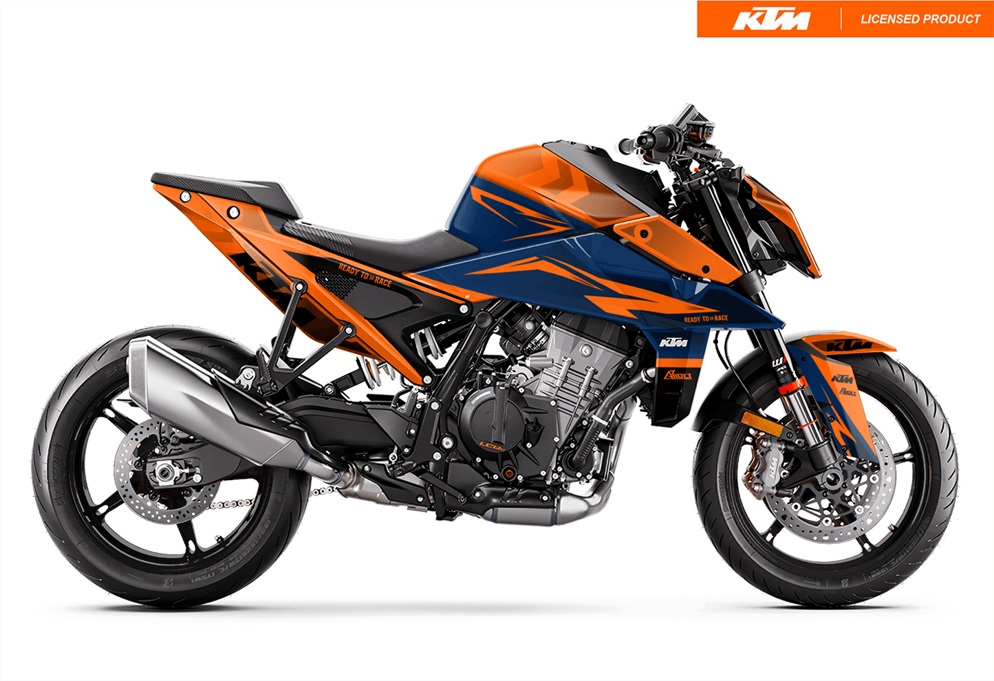 Arider Dekor passend für KTM Duke 990 – Base Edition, blau-orange Grafik auf kompletter Seitenansicht der Maschine.