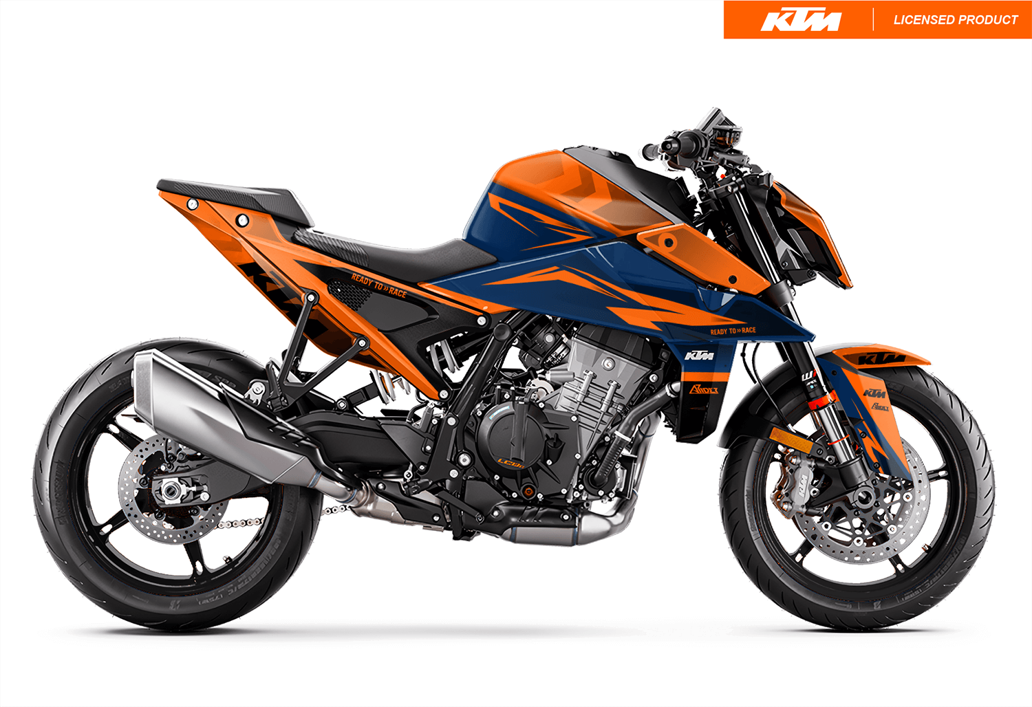 Arider Dekor passend für KTM Duke 990 – Base Edition, blau-orange Grafik auf kompletter Seitenansicht der Maschine.
