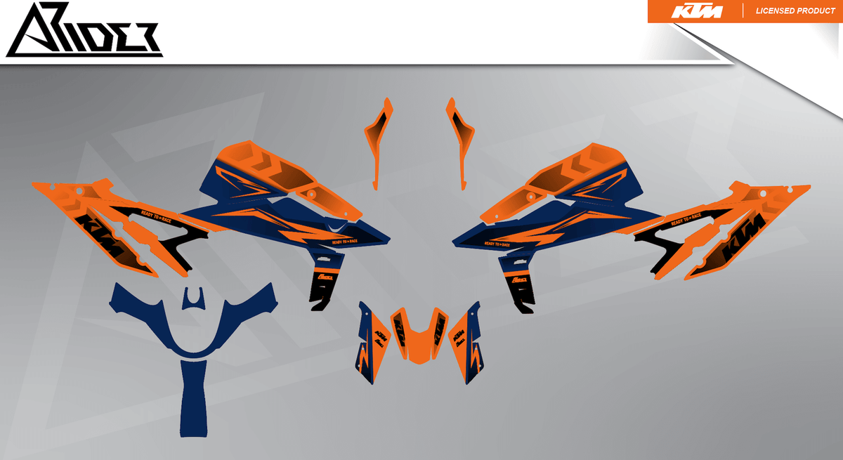 Arider Dekor passend für KTM Duke 990 – Base Edition, blau-orange Grafikteile in flacher Einzelteilansicht.