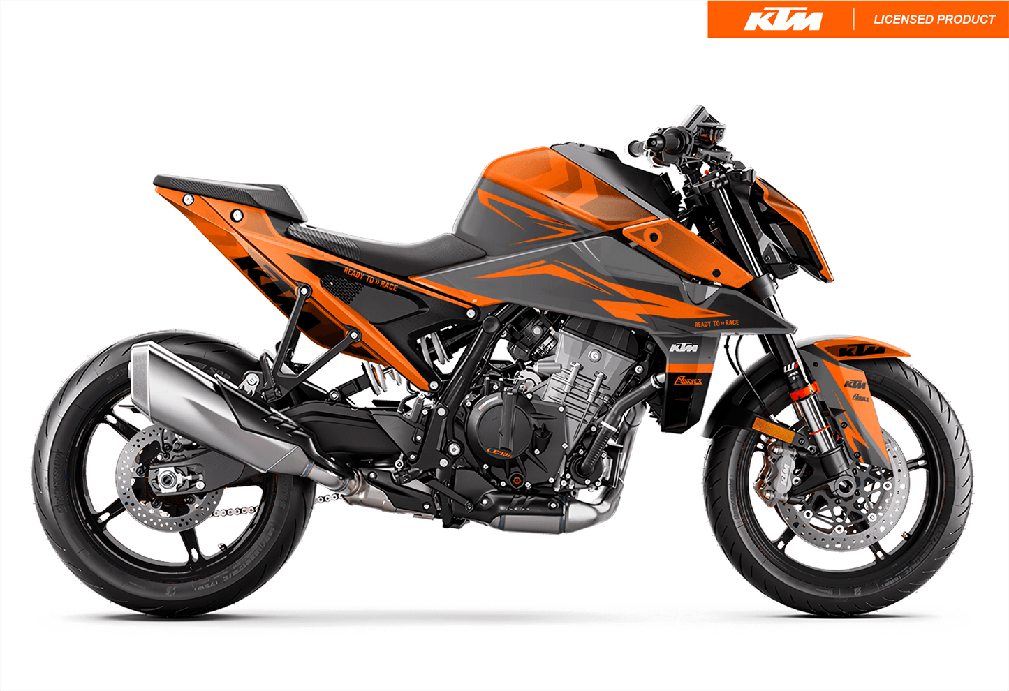 Arider Dekor passend für KTM Duke 990 – Base Edition, grau-orange Grafik auf kompletter Seitenansicht der Maschine.