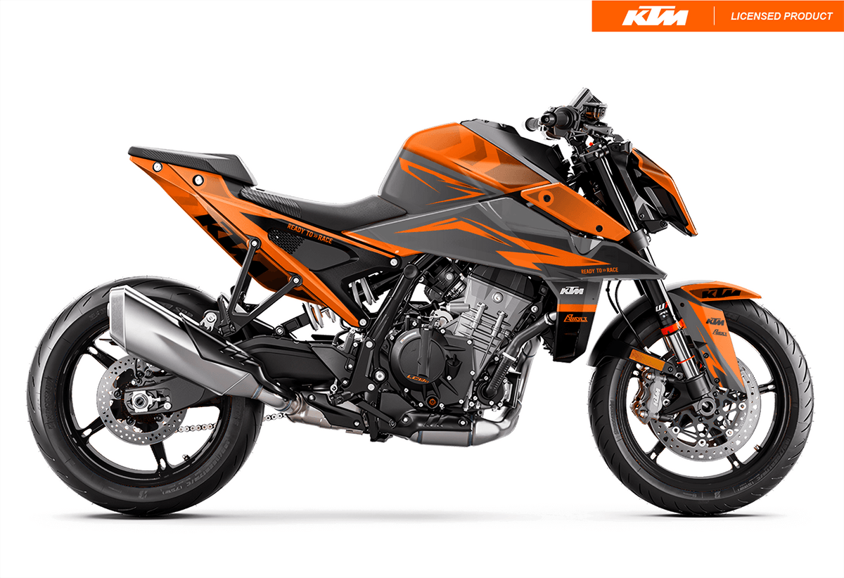 Arider Dekor passend für KTM Duke 990 – Base Edition, grau-orange Grafik auf kompletter Seitenansicht der Maschine.