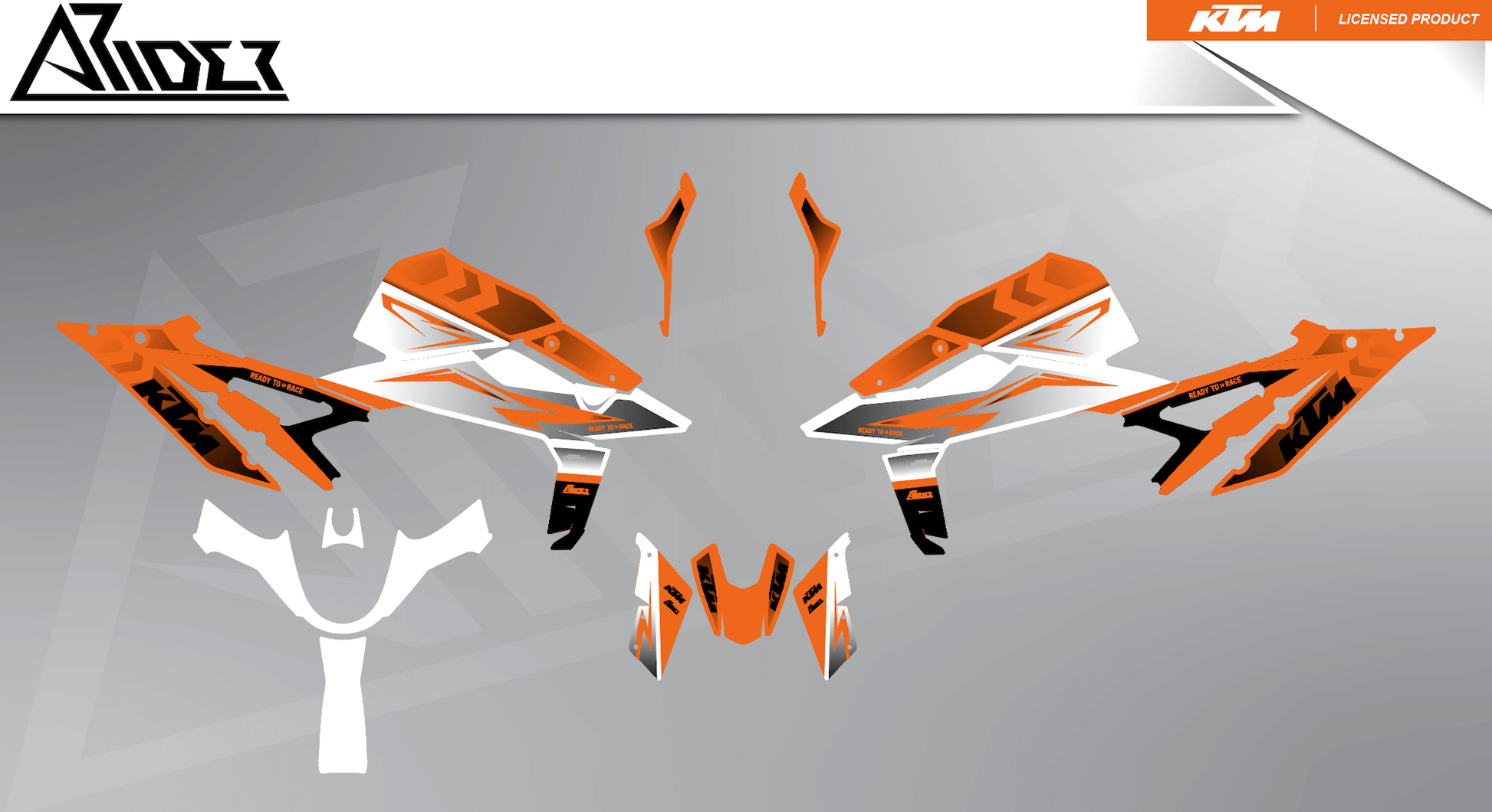 Arider Dekor passend für KTM Duke 990 – Base Edition, weiß-orange Grafikteile in flacher Einzelteilansicht.