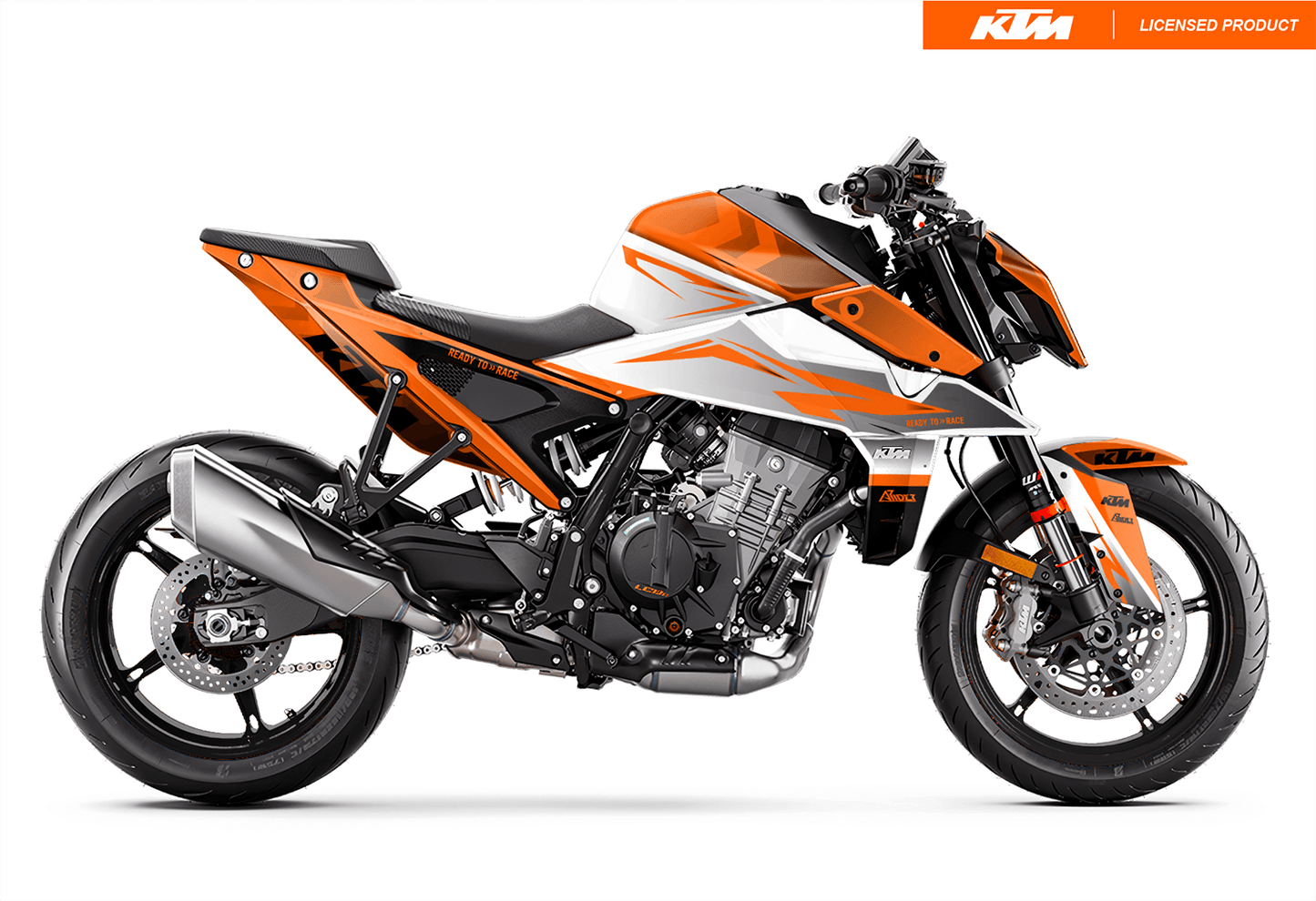 Arider Dekor passend für KTM Duke 990 – Base Edition, weiß-orange Grafik auf kompletter Seitenansicht der Maschine.