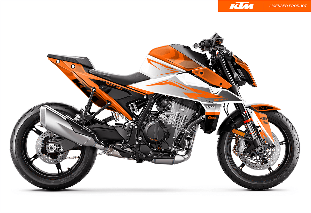Arider Dekor passend für KTM Duke 990 – Base Edition, weiß-orange Grafik auf kompletter Seitenansicht der Maschine.