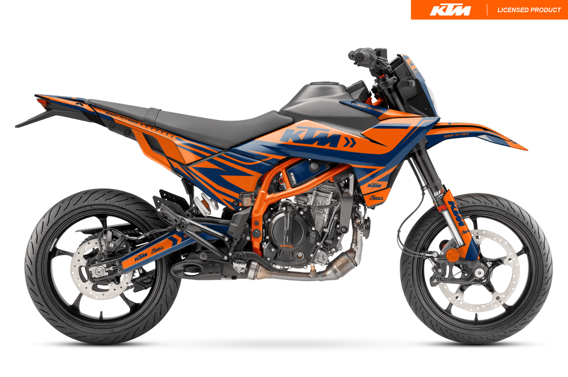 Arider Grafik passend für KTM 125 / 390 SMC-R – Alpha Edition in Orange-Blau, montiert an der KTM 125 / 390 SMC-R.