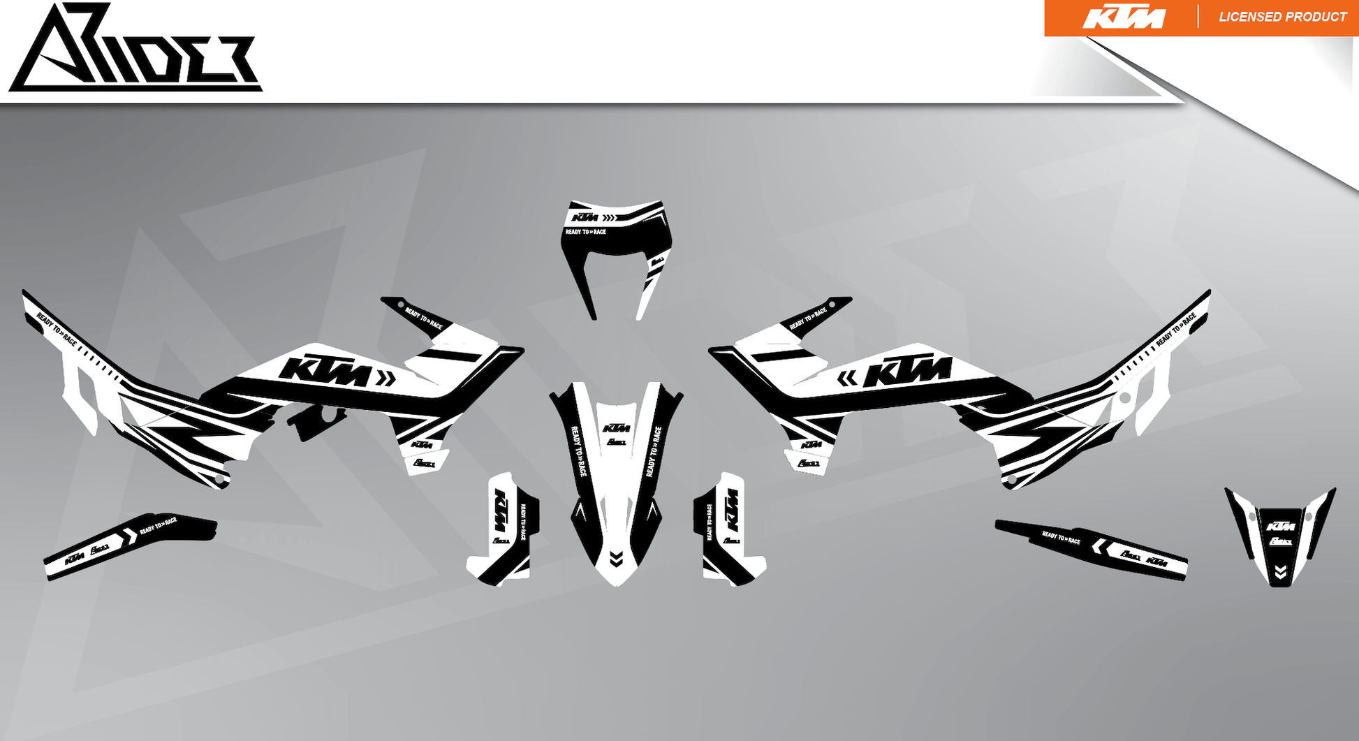 Arider Grafik passend für KTM 125 / 390 SMC-R – Alpha Edition in Weiß-Schwarz, komplette Dekorteile in flacher Einzelteilansicht.
