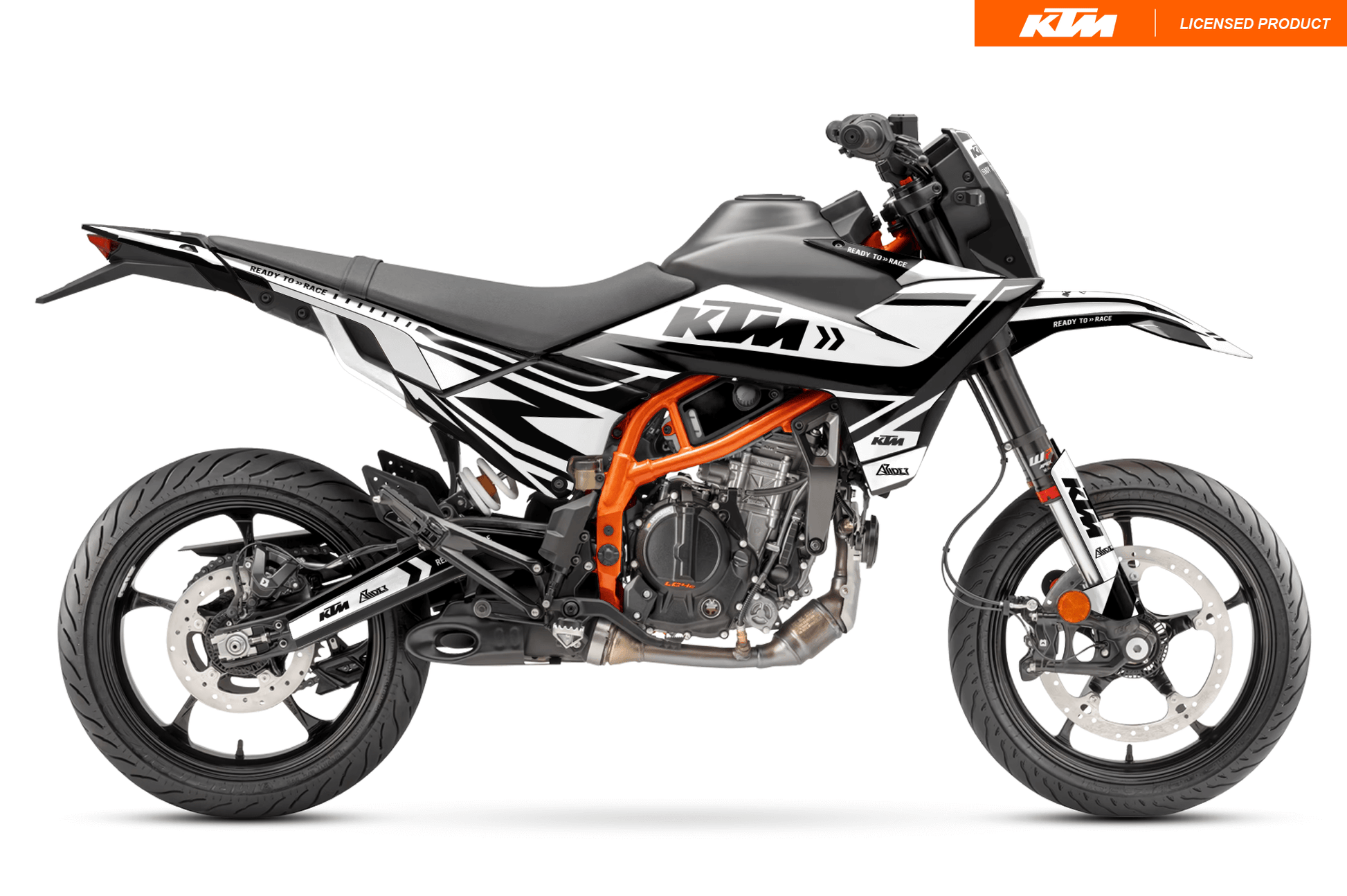 Arider Grafik passend für KTM 125 / 390 SMC-R – Alpha Edition in Weiß-Schwarz, montiert an der KTM 125 / 390 SMC-R.