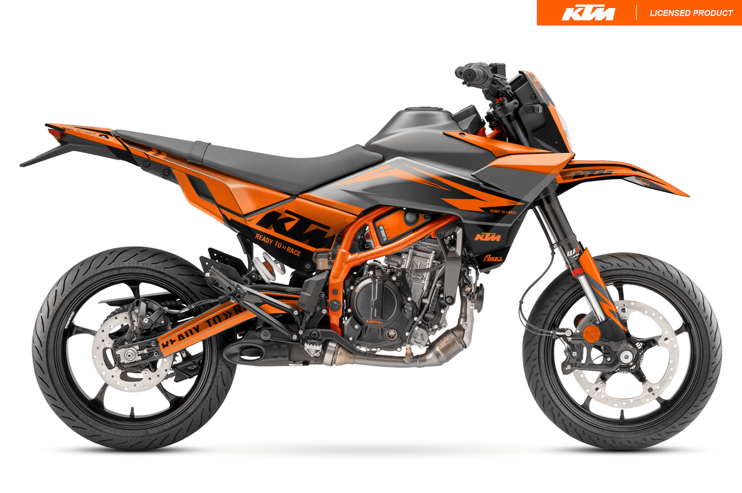 Arider Dekor passend für KTM 125 / 390 SMC-R – Base Edition, grau-orange Grafik auf kompletter Seitenansicht der Maschine.