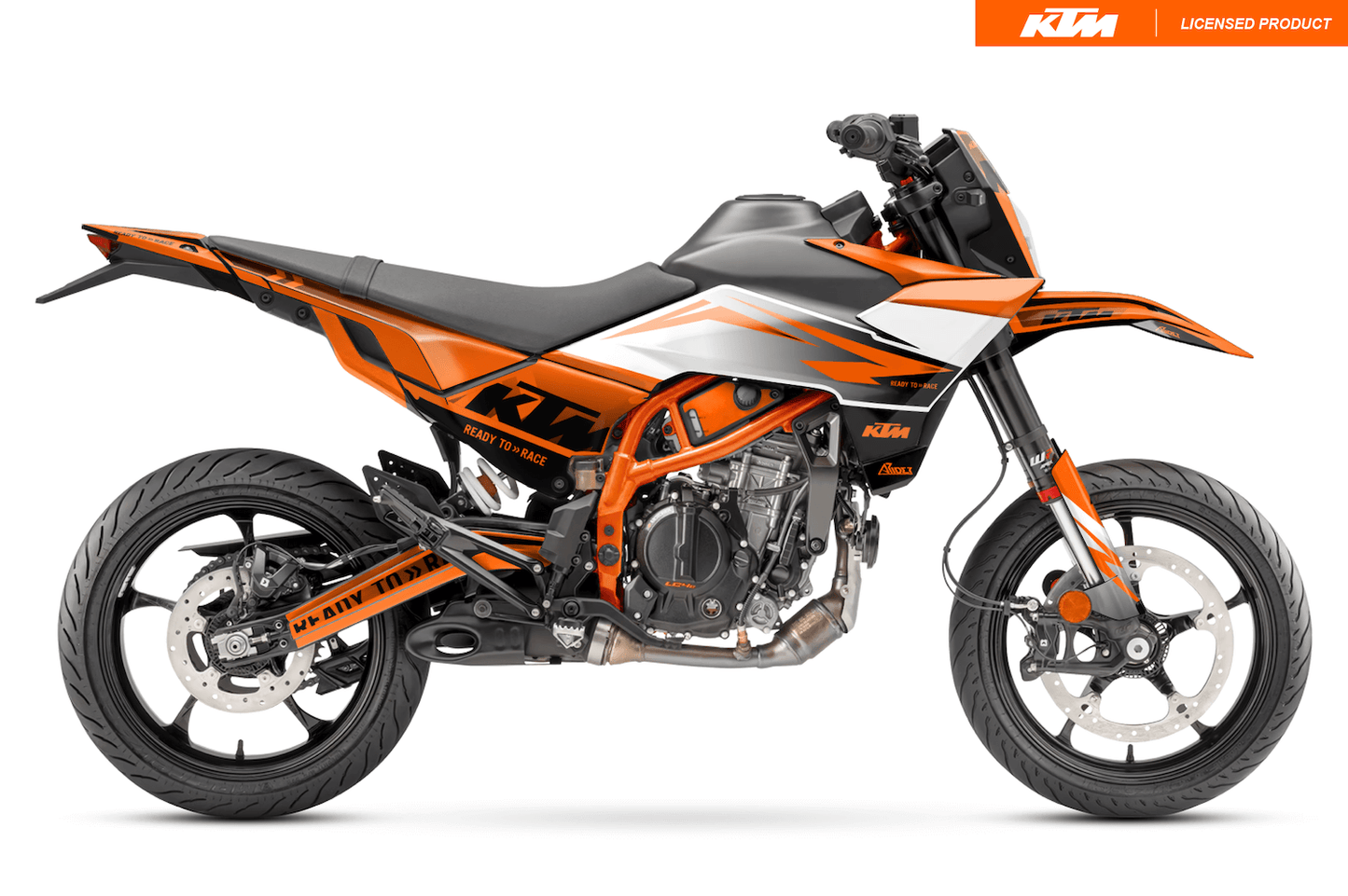 Arider Dekor passend für KTM 125 / 390 SMC-R – Base Edition, weiß-orange Grafik auf kompletter Seitenansicht der Maschine.